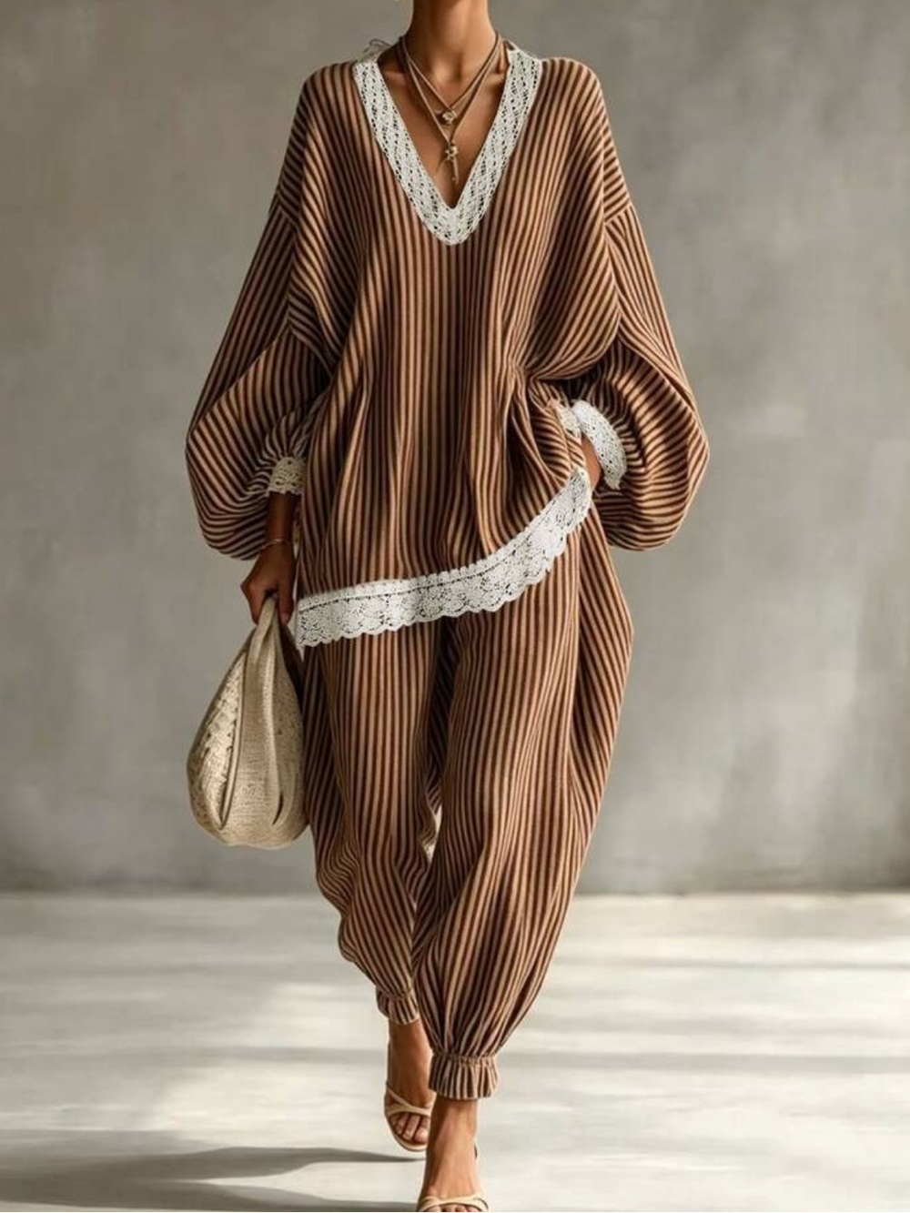Women's Striped V-Neck Patchwork Lantern Sleeve Top And Long